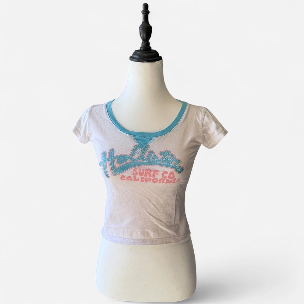 Hollister Surf Co California White Blue Glitter Graphic Ringer Baby Tee XS